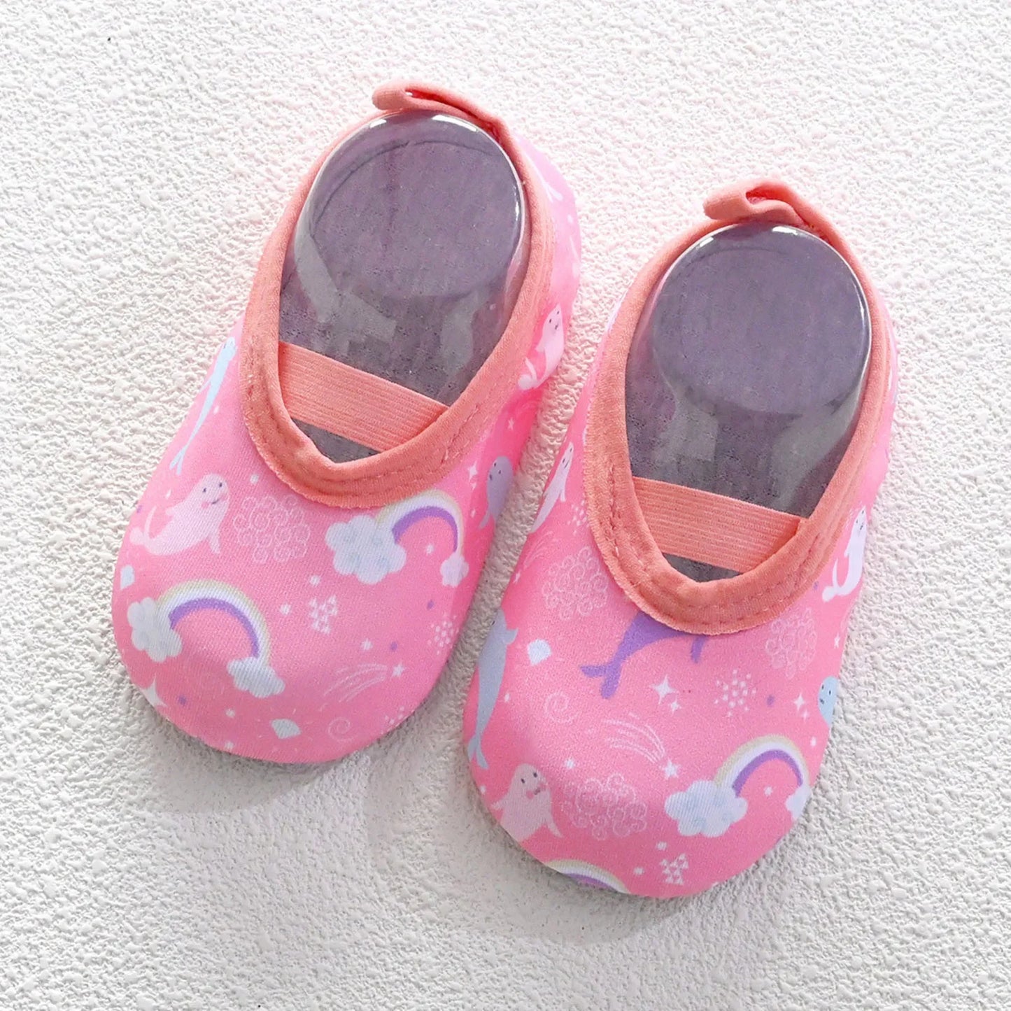 Image of Water Sport Baby Shoes in pink w/ whales & rainbows from Baby Booties Boutique