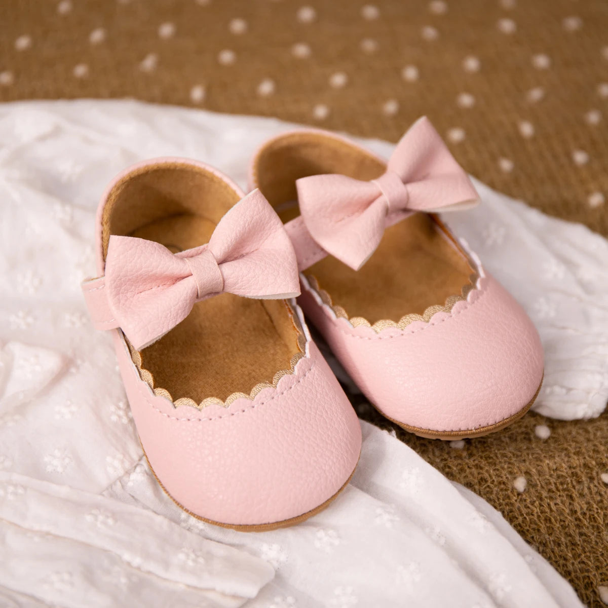 Image of Bowed Scalloped Dress Shoes in pink from Baby Booties Boutique