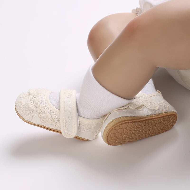 Image of Elegant Lace Flats with Straps Shoes in white from Baby Booties Boutique