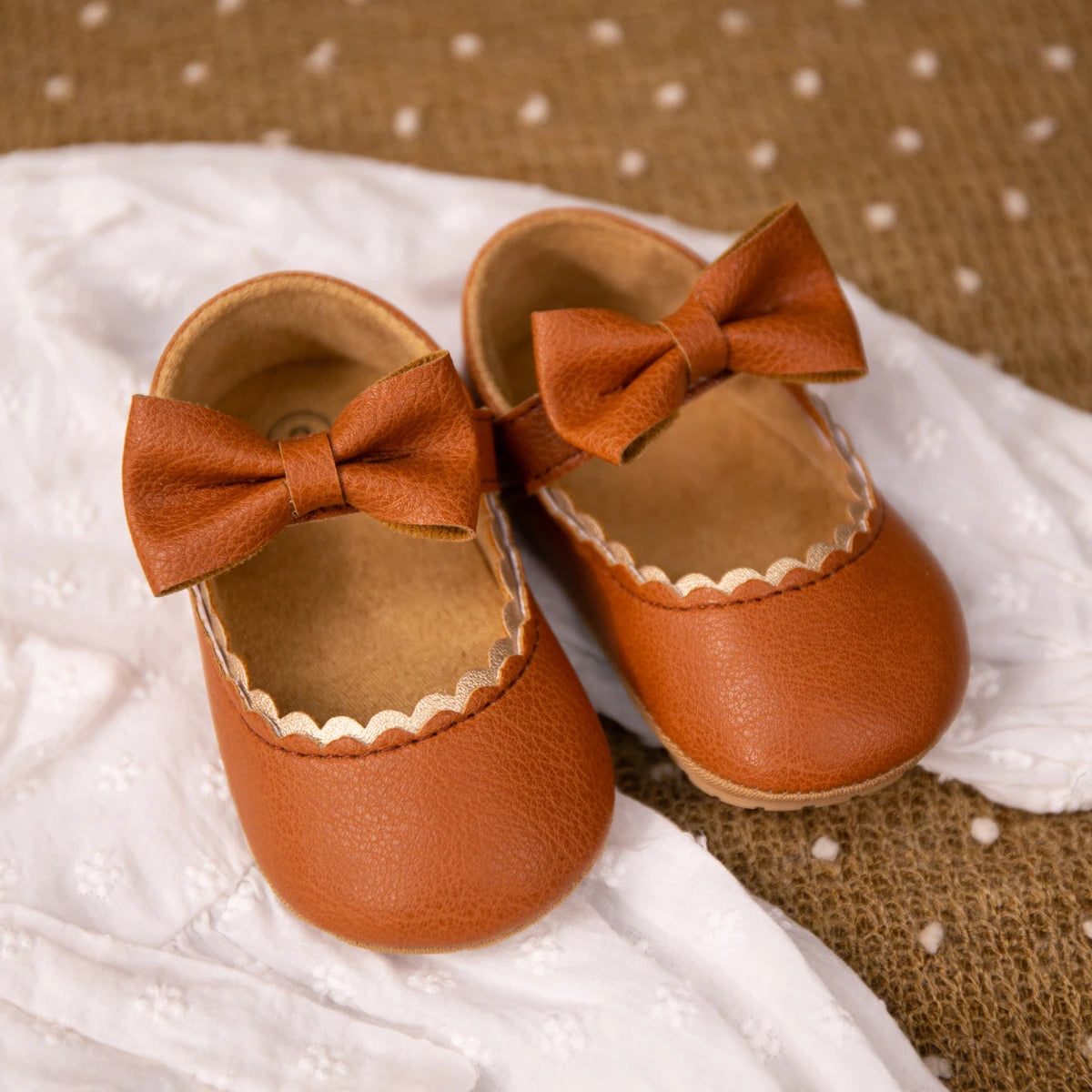 Image of Bowed Scalloped Dress Shoes in brown from Baby Booties Boutique