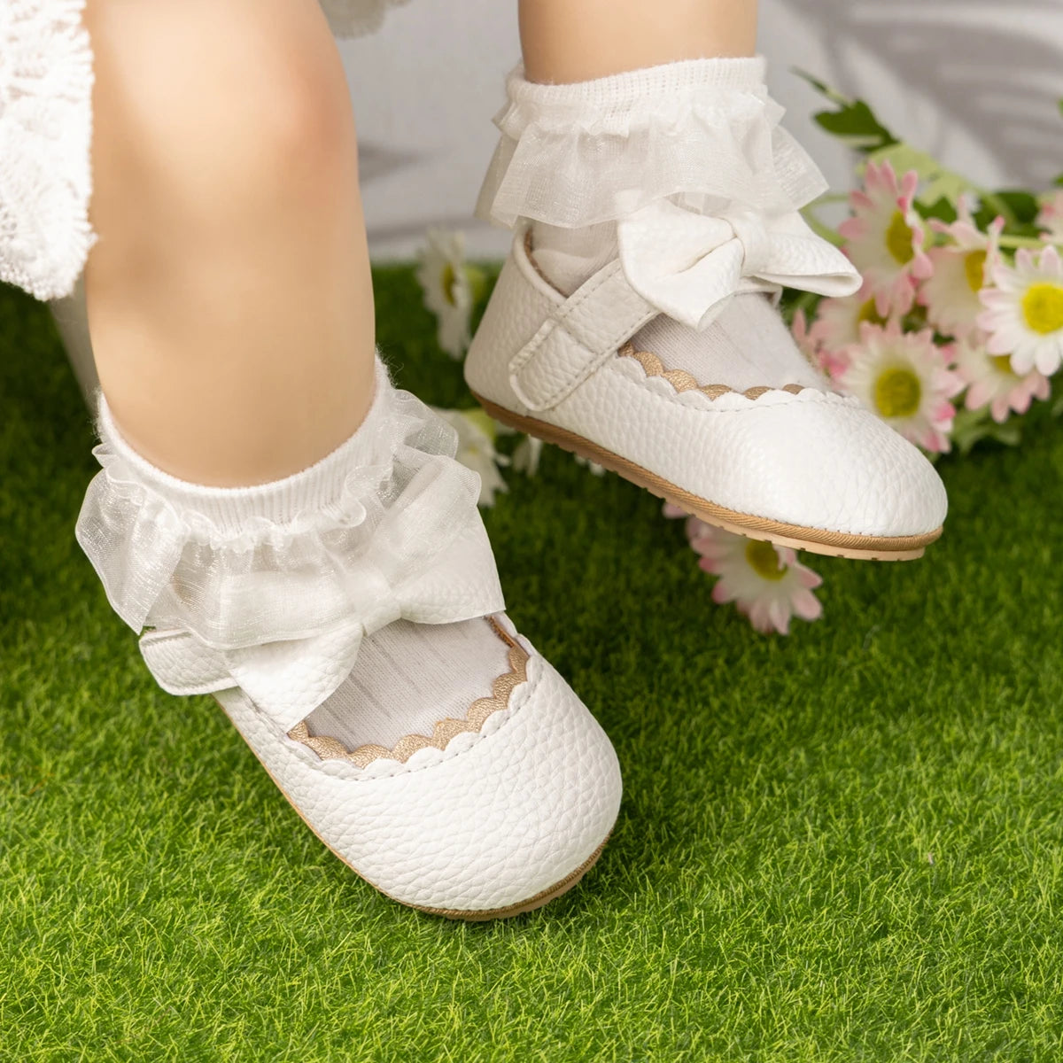 Image of Bowed Scalloped Dress Shoes in white from Baby Booties Boutique