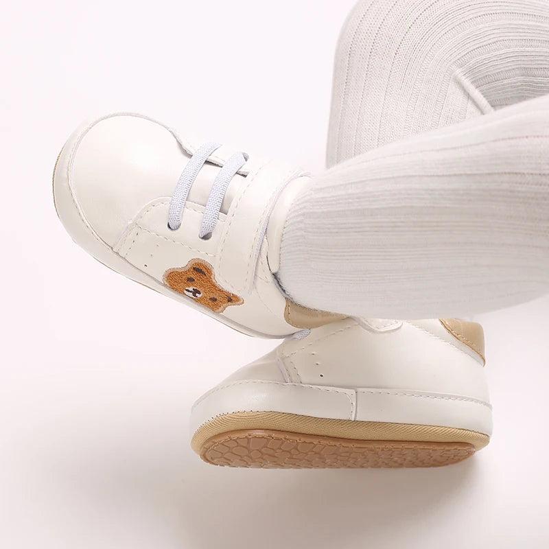 Image of velcro bear sneakers in white w/ gold from Baby Booties Boutique