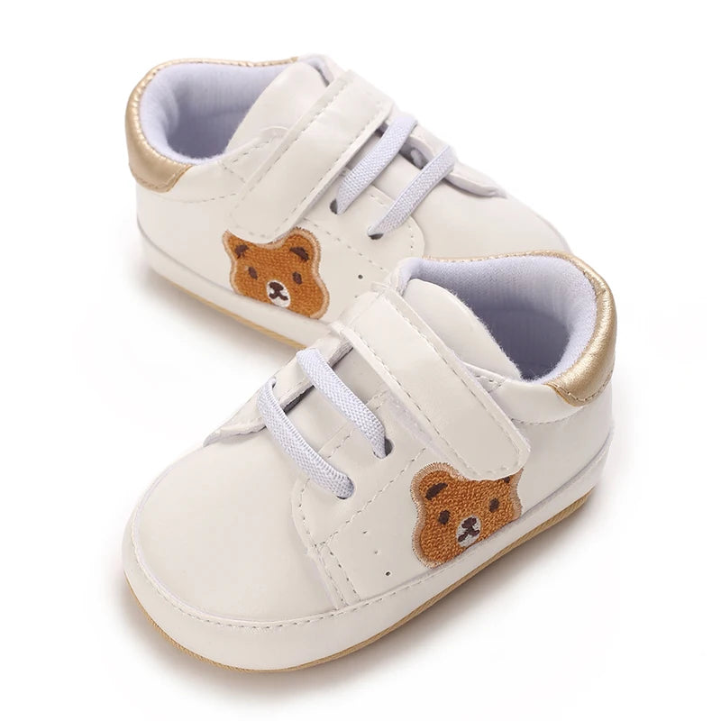 Image of velcro bear sneakers in white w/ gold from Baby Booties Boutique