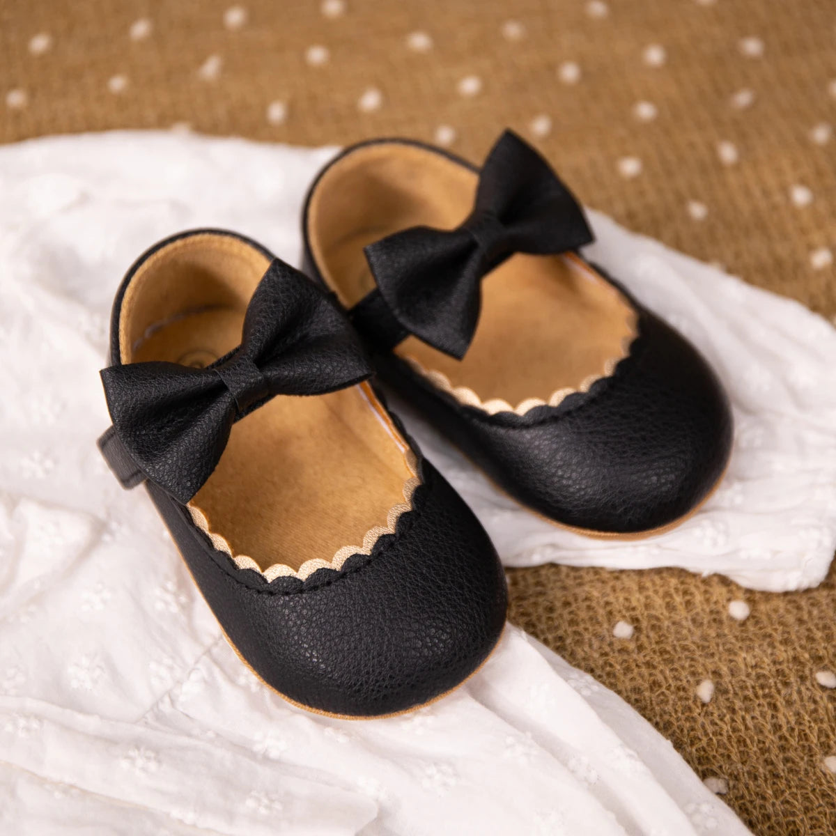 Image of Bowed Scalloped Dress Shoes in black from Baby Booties Boutique