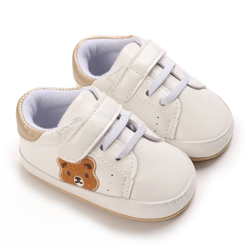 Image of velcro bear sneakers in white w/ gold from Baby Booties Boutique